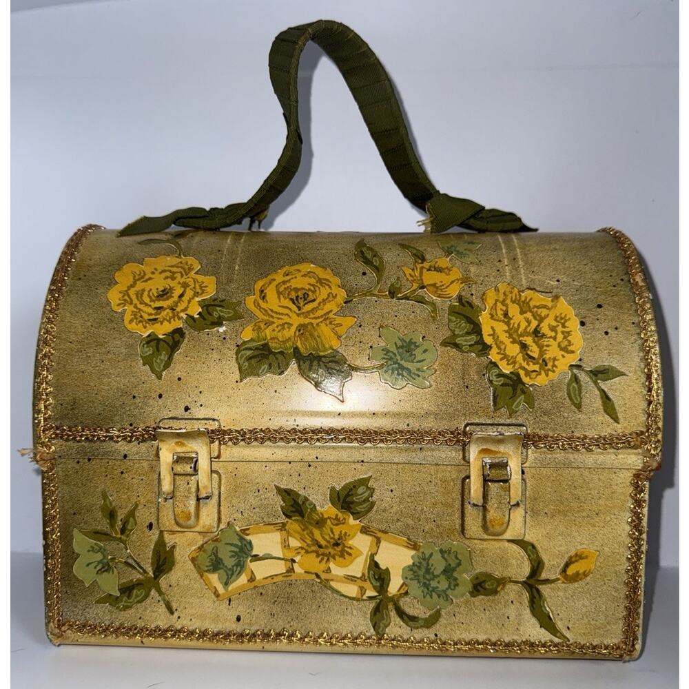 Vintage Metal Work Lunchbox Purse Dome Top Decoupage Painted Roses Yellow 10x8” - Picture 10 of 10